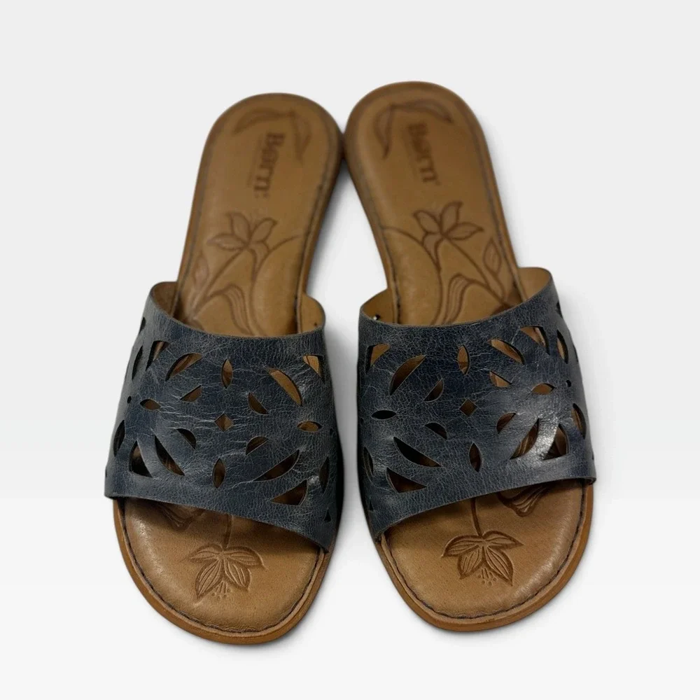 Born Sandals Yesica Womens 10 Blue Leather Laser Cut Floral Slide NEW